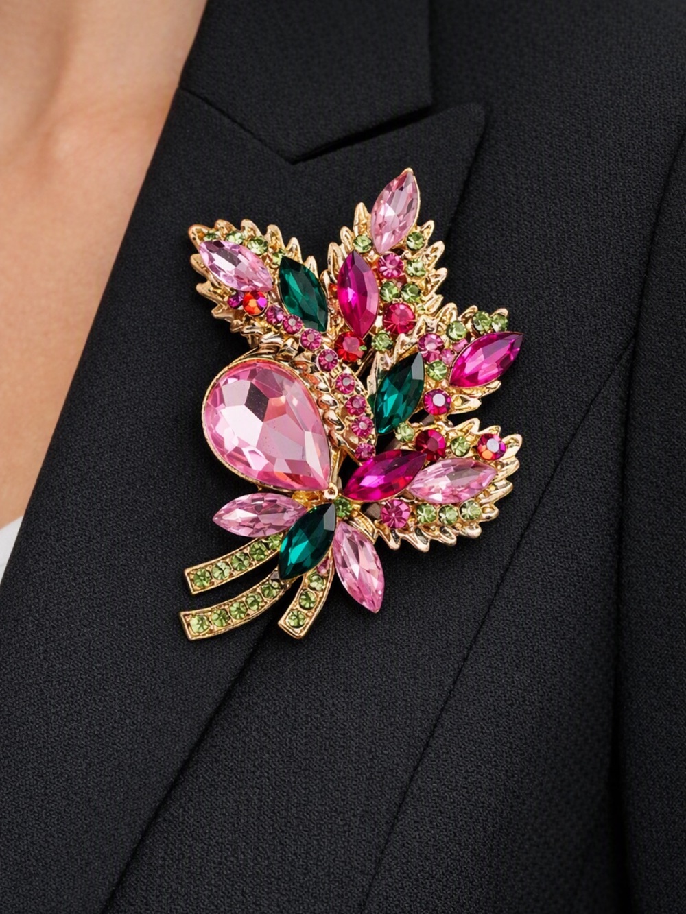 Vintage Style Pink Green Crystal Floral Brooch Statement Flower Jeweled Pin New